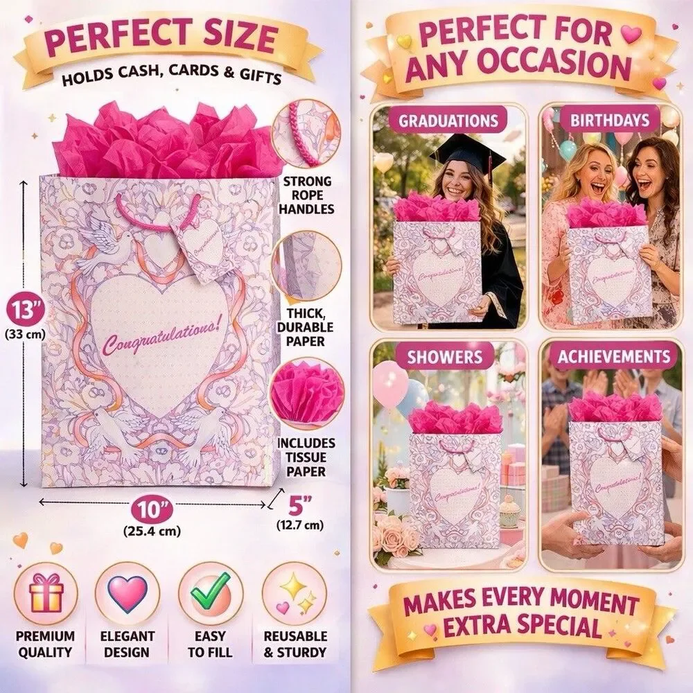 2 Pack Congratulations Gift Bags w/ Tissue Paper Birthday Graduation Baby Shower